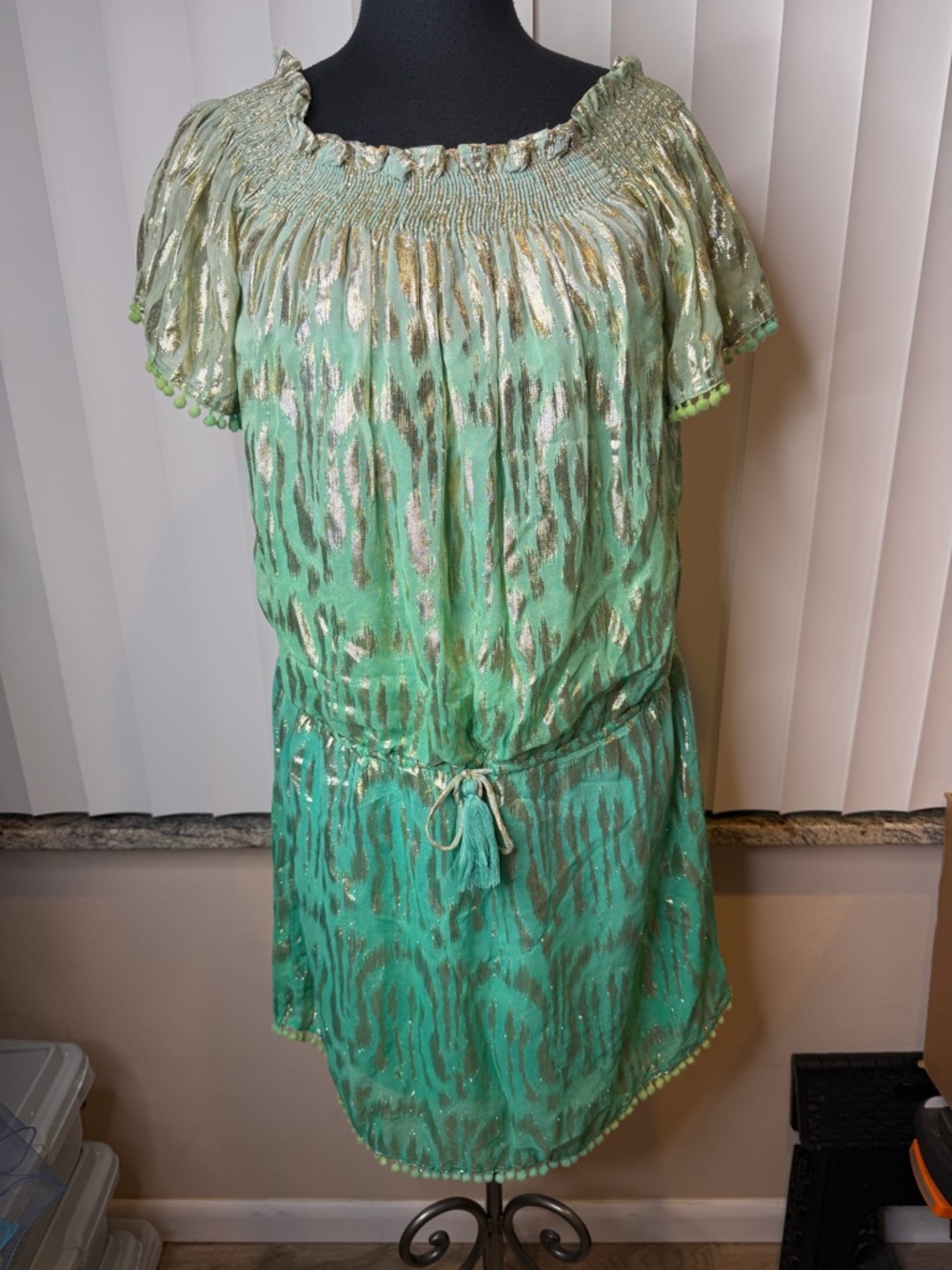 America & Beyond Green Metallic Animal-Print Short Dress Pom Trim Size Small